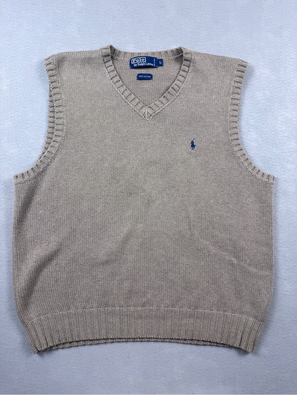 VTG Polo Ralph Lauren Mens L V-Neck Tan Beige Cotton Neutral Sweater Vest Preppy